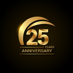 25 Years Anniversary Celebration Logotype. Golden Elegant Vector Illustration  with Gold Swoosh,  Isolated on Black Background can be use for Celebration, Invitation, and Greeting card
