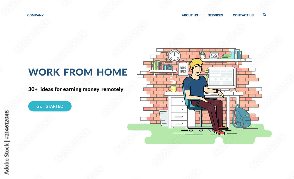 Poster work from home and earn moneny remotely. flat concept vector website template and landing page desig