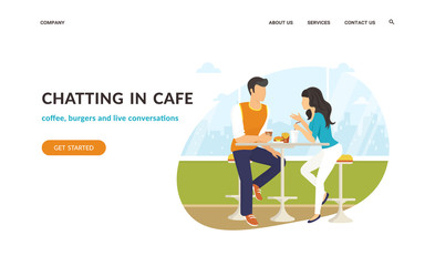 Couple sitting in the cafe, flirting and chatting together. Flat concept vector website template and landing page design of students talking about something in cozy place