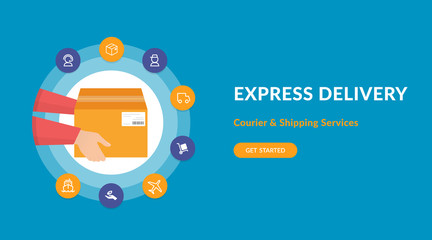 Express delivery service and fast shipping a cardboard box. Flat concept vector website template and landing page design of courier has delivered a carton box and logistics related icons around him
