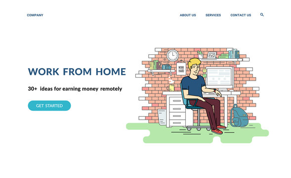 Work from home and earn moneny remotely. Flat concept vector website template and landing page design of teenage student or programmer sitting at his workplace with computer at home and working