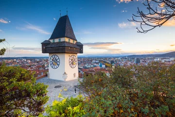 Papier Peint photo Lavable Europe centrale Graz clock tower at sunset, Graz, Styria, Austria