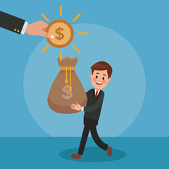 Businessman holding money bag and hand inserting coin vector illustration graphic design