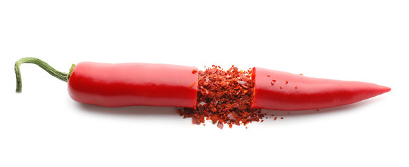 Fresh and dry red chili pepper on white background