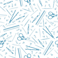 Seamless background. Pattern. School supplies. Paints, brushes, pencils, pen, stroke, scissors, compass, eraser, paper clips, ruler,