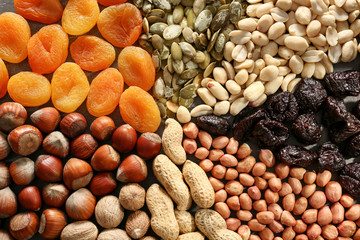 Various nuts with dried fruits, closeup