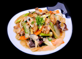 Mixed vegetable and chicken meat fired with Japanese miso