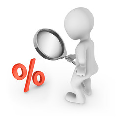 3d man with magnifying glass looks at percent sign.