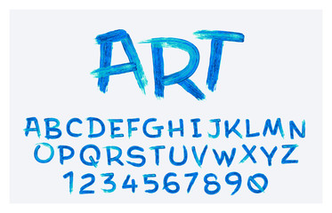 Vector stylized artistic font made ofoil brush strokes. Latin alphabet from A to Z and numbers from 0 to 9. Beautiful realistic oil style.