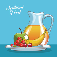 Natural and organic fruits and juice food cartoons vector illustration graphic design