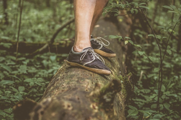 Men's feet in shoes close-up on a log in the woods