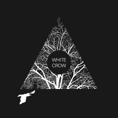 Square template with a white crow and a tree on a black background. Banner template.