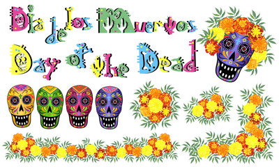 Skulls, marigold flowers and lettering for Day of the Dead (Dia de los Muertos) design, set of vector illustrations.