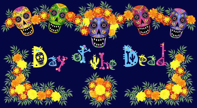 Skulls, marigold flowers and creative lettering for Day of the Dead (Dia de los Muertos) design, vector illustration.