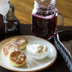  Cheese pancakes on a plate. Sweet breakfast