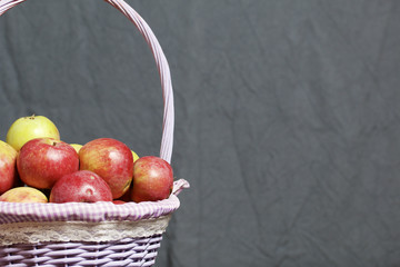Autumn harvest of apples. Apples in a wicker from a vine basket. On a gray background.