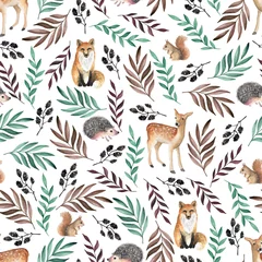 Wallpaper murals Little deer Seamless pattern with foxes, deers, hedgehogs. Watercolor hand drawn