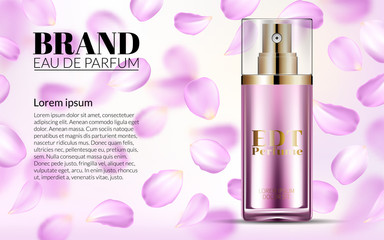 Woman Glamour Pink Rose Water Spray Bottle. Perfume Contained in Glass Mock up with Falling petals Flowers Background. Excellent Advertising. Cosmetic Design Product. 3D Vector Illustration