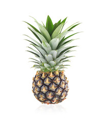 Fresh pineapple with split leaves on a white background.