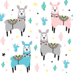 Seamless pattern with lama and cactus. Vector illustration