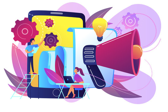 Tablet with loudspeaker and team working on white paper. ICO investment document, startup business strategy, product development plan concept, violet palette. Vector isolated illustration.