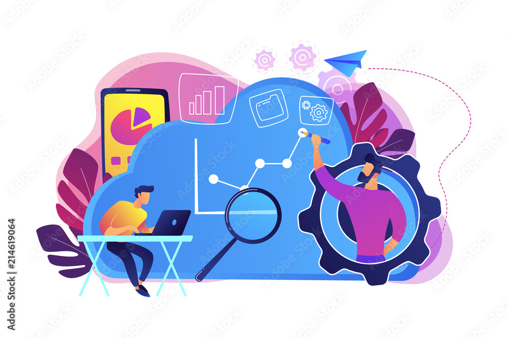 Poster developers drawing chart, monitoring applications. computing resourses, operaing data and services, 