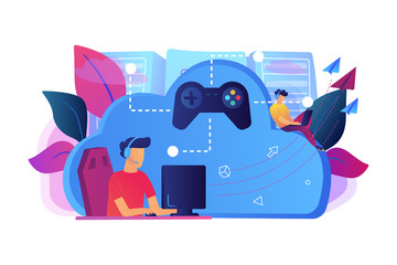 Two gamers playing computer connected with joystick. Gaming on demand, video and file streaming, cloud technology, various devices gaming concept, violet palette. Vector isolated illustration. © Visual Generation