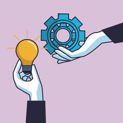 Hands with bulb light and gear vector illustration graphic design