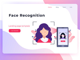 Fototapeta na wymiar Smartphone scans a woman face. Biometric identification. Facial recognition system concept. Mobile app for face recognition. Ultraviolet flat vector landing page template.