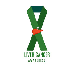 Liver cancer awareness poster design template. Emerald green ribbon with pinned liver icon on white background. Medical concept. Vector illustration.