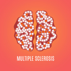Multiple sclerosis awareness poster with brain made of pills on red background. MS awareness sign. Top view. Medical solidarity day concept. Vector illustration.