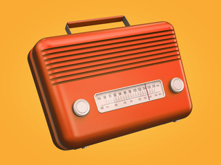 Red retro radio on yellow background. 3D rendering