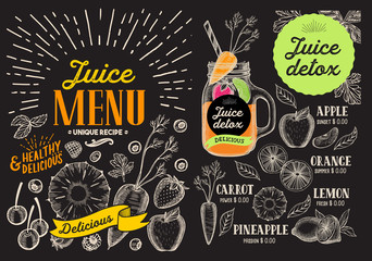 Juice smoothie menu for restaurant and cafe. Vector drink flyer. Design template with vintage fruit hand-drawn illustrations.