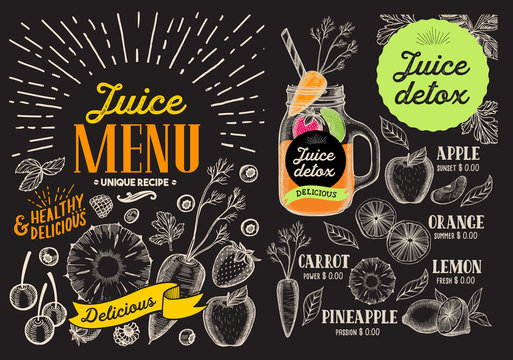 Juice smoothie menu for restaurant and cafe. Vector drink flyer. Design template with vintage fruit hand-drawn illustrations.
