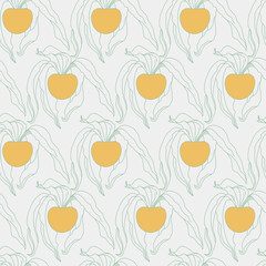Physalis Hand Drawn Seamless Pattern on Light Grey with Orange Berries