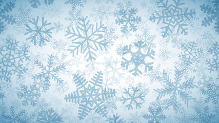 Christmas background of many layers of snowflakes of different shapes, sizes and transparency. Light blue on white