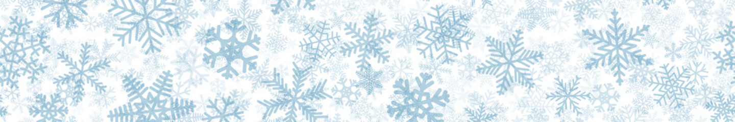 Christmas horizontal seamless banner of many layers of snowflakes of different shapes, sizes and transparency. Light blue on white