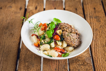 meat steak with dumpling, pasta