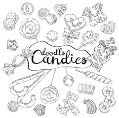 Set of candies. Chocolate, caramel, lollipops and jelly candies isolated on white background. Hand drawn doodle grahic.
