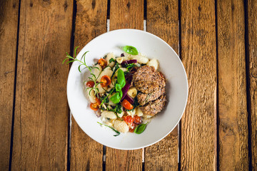 meat steak with dumpling, pasta