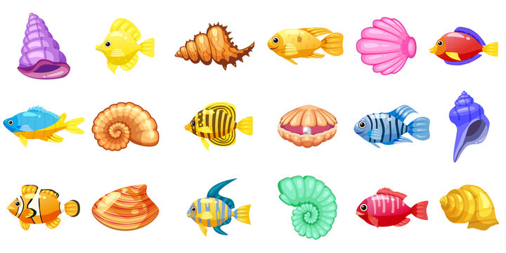 Cartoon Vector game icons with seashell, Colorful coral reef tropical fish, pearl, for underwater match three game, apps on white background. Isolated elements.