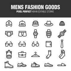 It's a set of icons about the men's fashion items. Editable stroke. 48x48 Pixel Perfect.