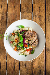 meat steak with dumpling, pasta