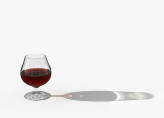 3d rendering. brown brandy in the glass with long shadow on the floor copy space background.