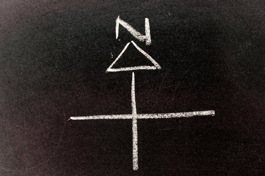 White chalk drawing in compass arrow, north direction shape on black board background