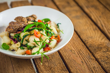 meat steak with dumpling, pasta