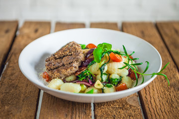 meat steak with dumpling, pasta