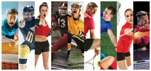 Sport collage about soccer, american football, badminton, tennis, boxing, ice and field hockey,...