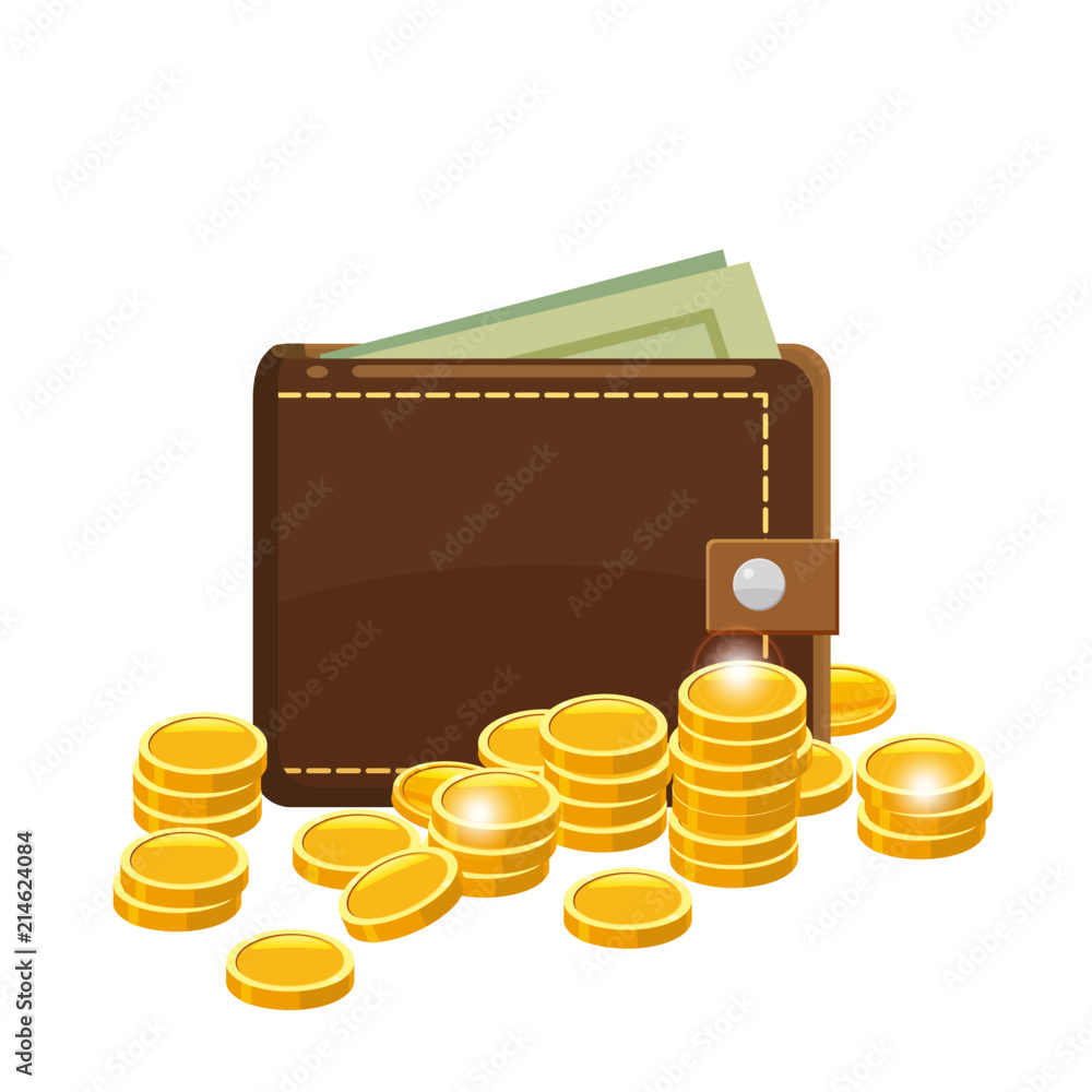 Wall mural Golden coins and wallet with dollars bank notes in purse. Saving money concept. Vector illustration, cartoon style, isolated