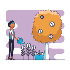 Business woman watering money garden vector illustration graphic design